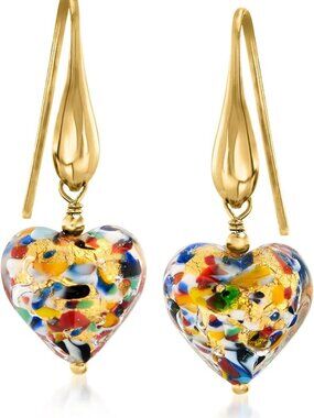 Elegant Italian Murano Glass Heart Drop Earrings in 18K Gold Over Sterling